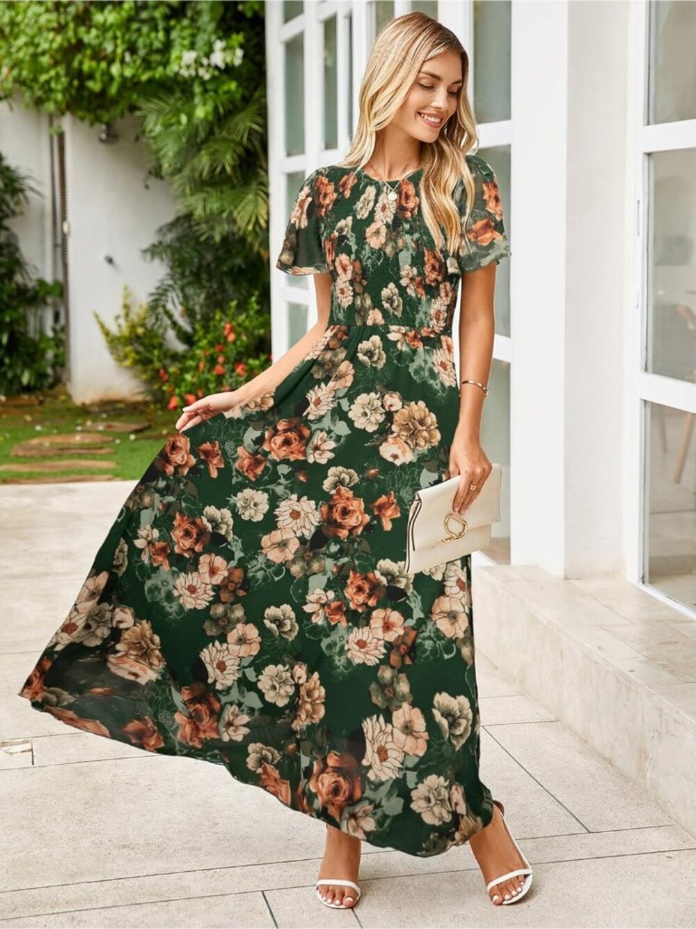 Womens Floral Green Crew Neck Floral Boho Flowy Short Sleeve Cocktail Maxi Dress - Picture 2 of 5